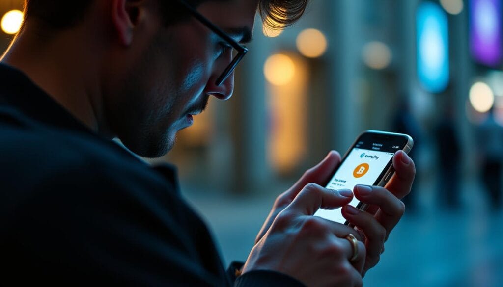 Generate an image of a person using Gemini Pay on their mobile device to make a cryptocurrency transaction.