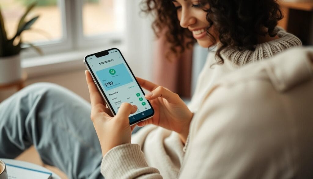 Generate an image of a person using Goodbudget on their smartphone to manage their finances. Generate an image of a person using Goodbudget on their smartphone to manage their finances.