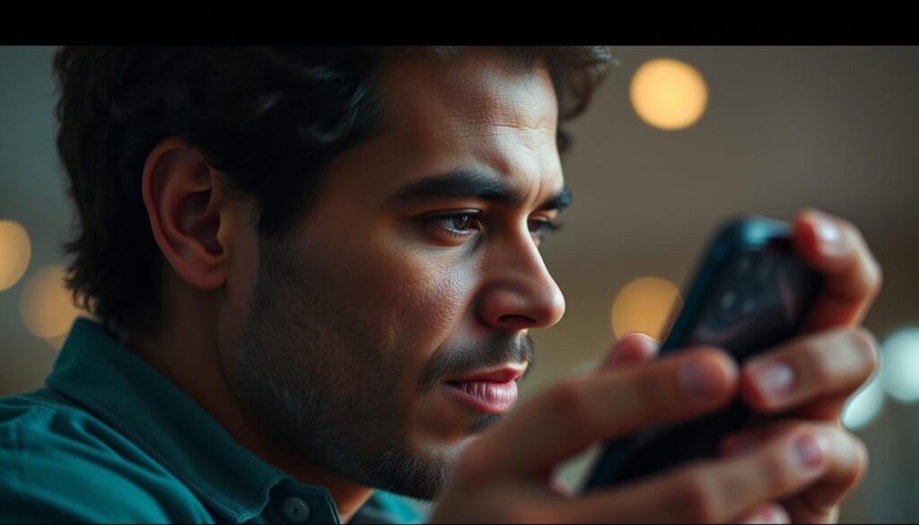 Generate an image of a person using Prism on their smartphone to manage bills.