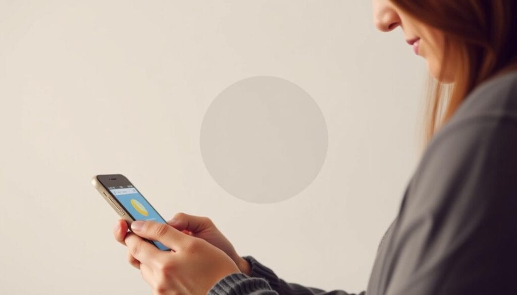 Generate an image of a person using a credit card debt management app on their smartphone, with a calm and organized background.