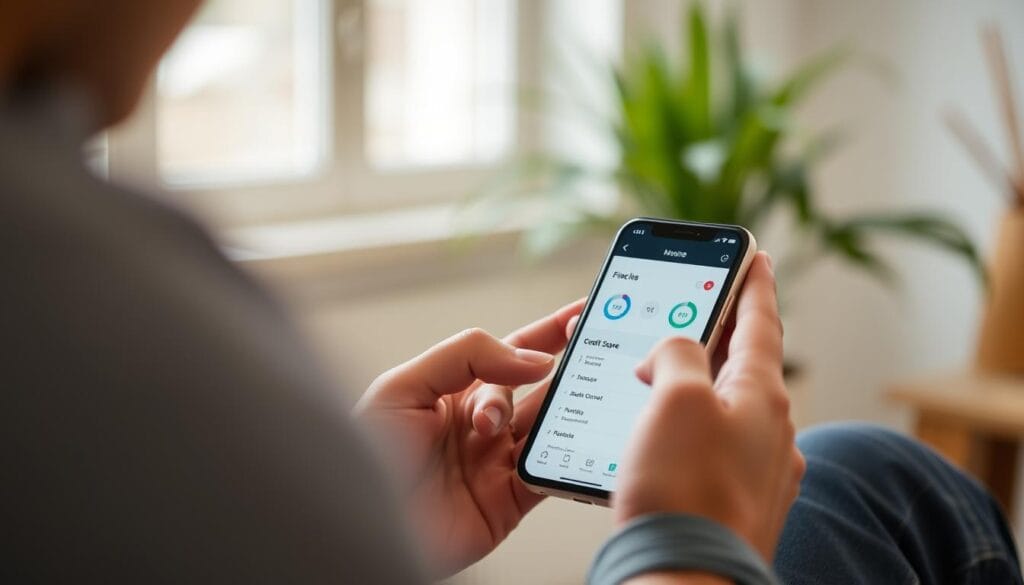 Generate an image of a person using a fintech app on their smartphone to monitor their credit score.