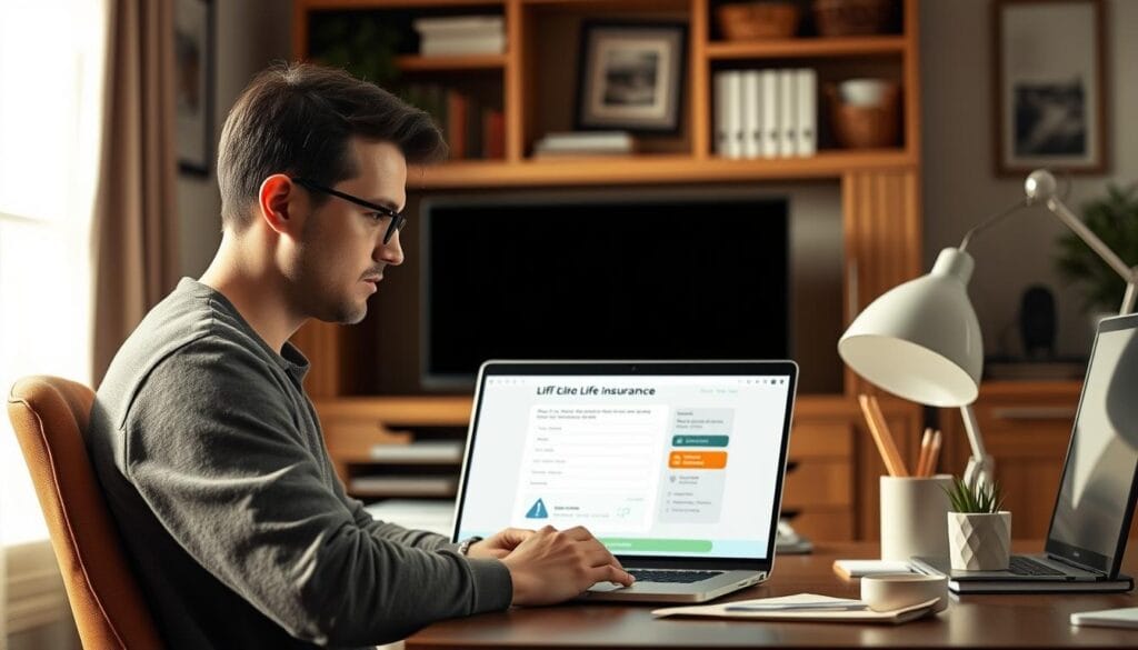 Generate an image of a person using a laptop to apply for life insurance online.
