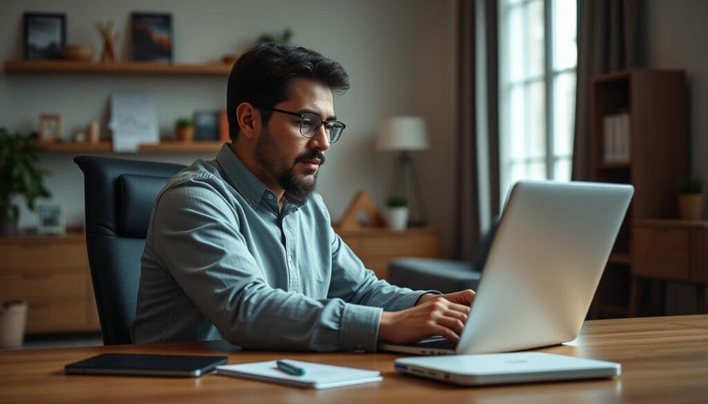 Generate an image of a person using a laptop to manage their investments with Vanguard Digital Advisor. Generate an image of a person using a laptop to manage their investments with Vanguard Digital Advisor.