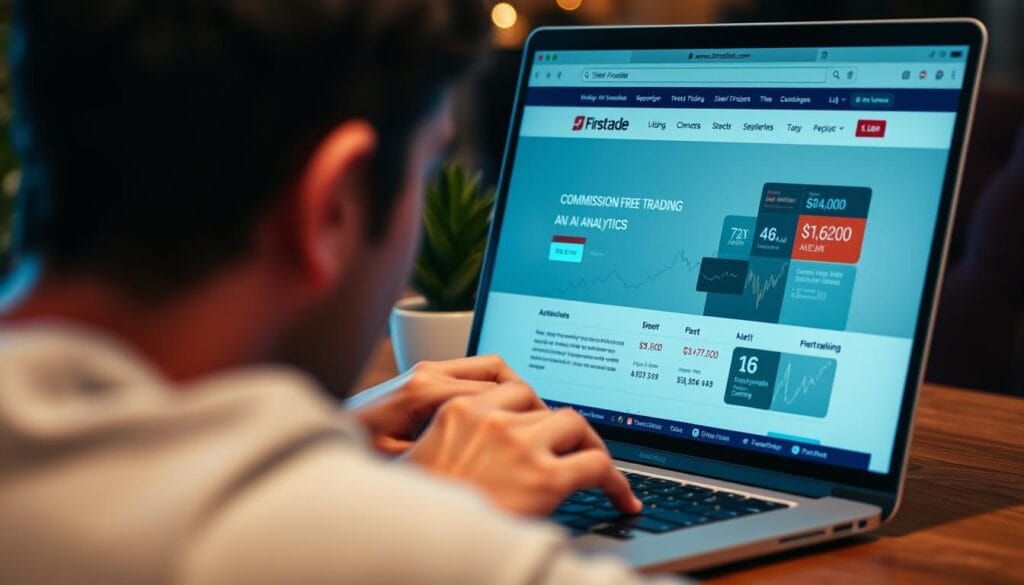 Generate an image of a person using a laptop with Firstrade's website open, highlighting the commission-free trading and AI analytics features. Generate an image of a person using a laptop with Firstrade's website open, highlighting the commission-free trading and AI analytics features.