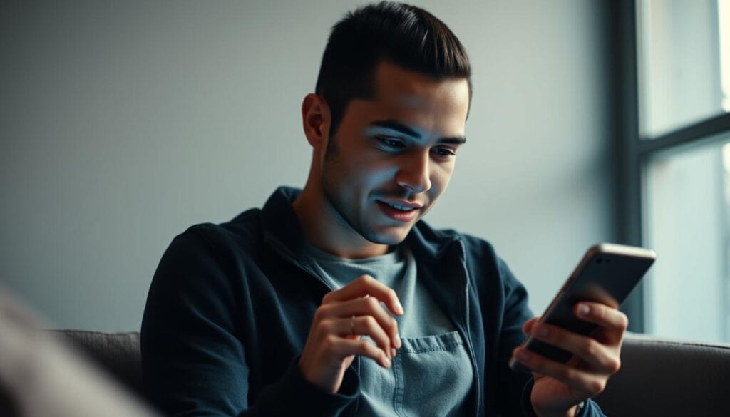 Generate an image of a person using a student loan debt management app on their smartphone.
