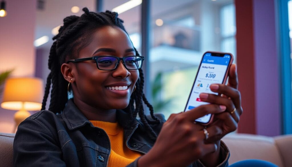 Generate an image of a person using the CoolCredit app on their smartphone to monitor and improve their credit score.