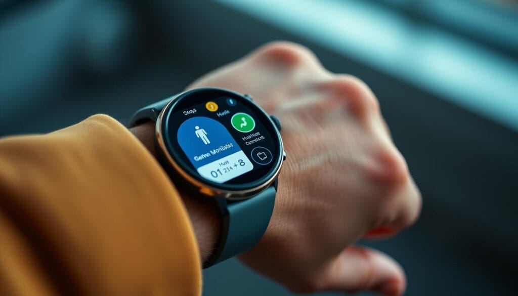 Generate an image of a person wearing a smartwatch with a health monitor app. Generate an image of a person wearing a smartwatch with a health monitor app.