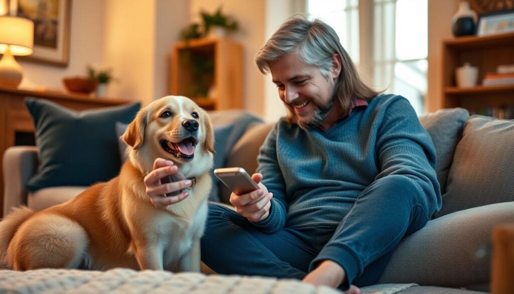 Generate an image of a pet owner using a smartphone app to file a pet insurance claim.