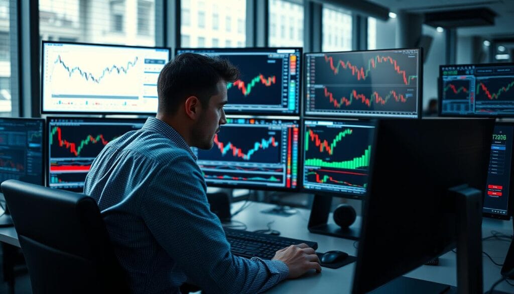 Generate an image of a professional trader analyzing charts on the TC2000 platform. Generate an image of a professional trader analyzing charts on the TC2000 platform.