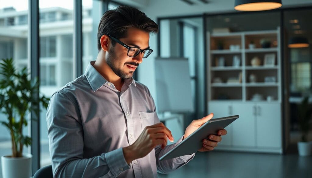 Generate an image of a real estate manager using the Tellus app on a tablet to manage rental properties.