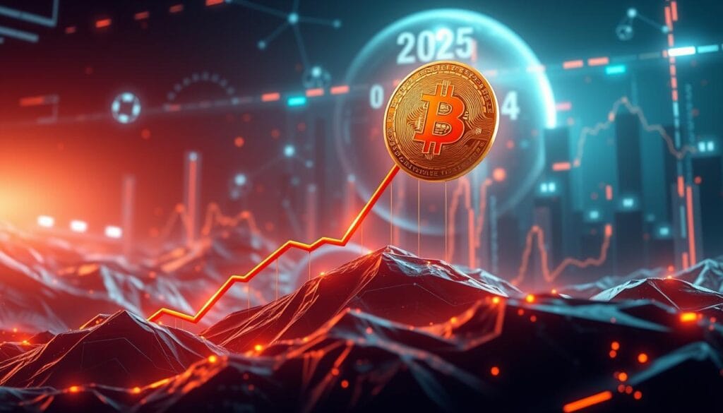 Generate an image of a rising Bitcoin chart with a futuristic background representing the year 2025.