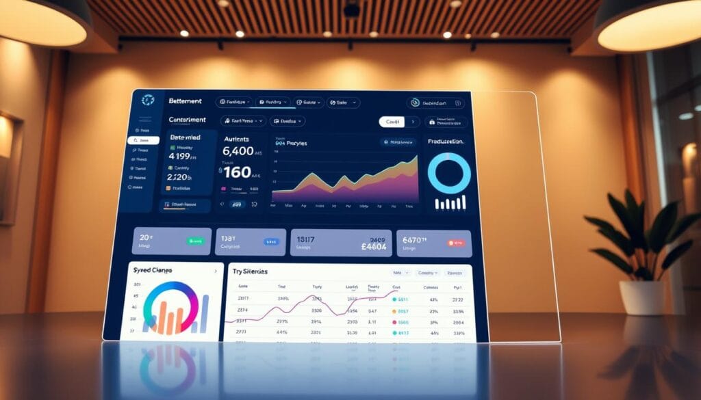 Generate an image of a sleek, modern dashboard representing Betterment's user interface, highlighting its AI-driven features. Generate an image of a sleek, modern dashboard representing Betterment's user interface, highlighting its AI-driven features.