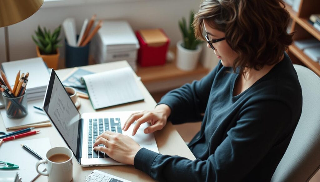 Generate an image of a small business owner creating a budget on their computer using Every Dollar.