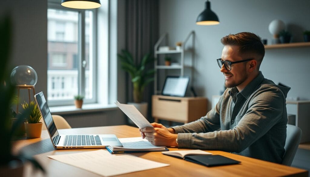 Generate an image of a small business owner purchasing insurance online through Next Insurance.