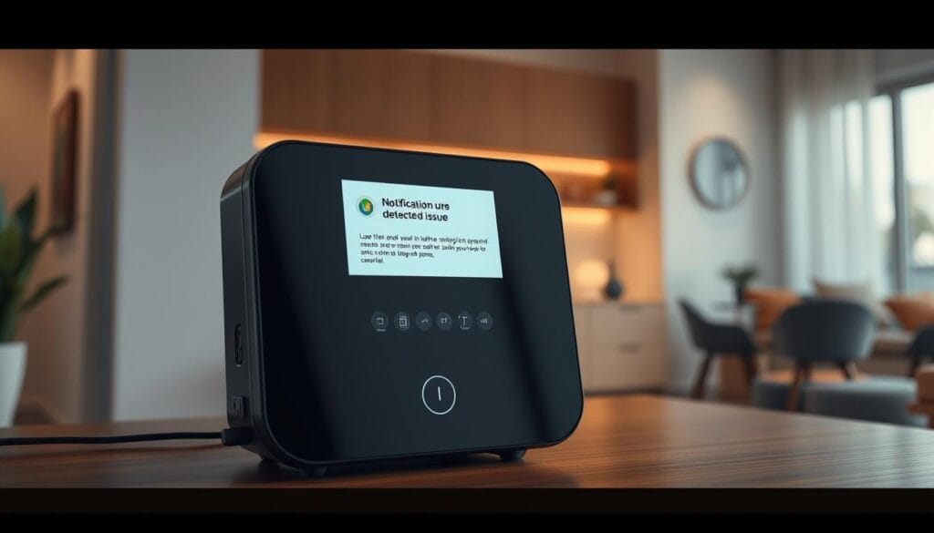 Generate an image of a smart home device displaying a notification about a detected issue.