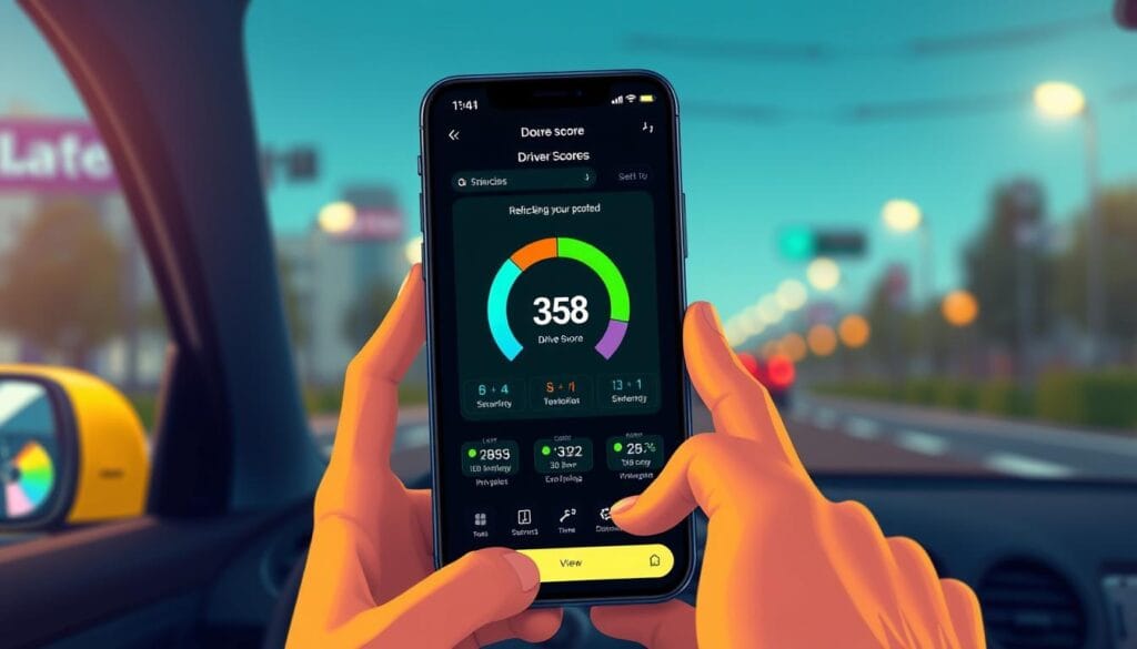 Generate an image of a smartphone app showing a driver's score based on their driving behavior.