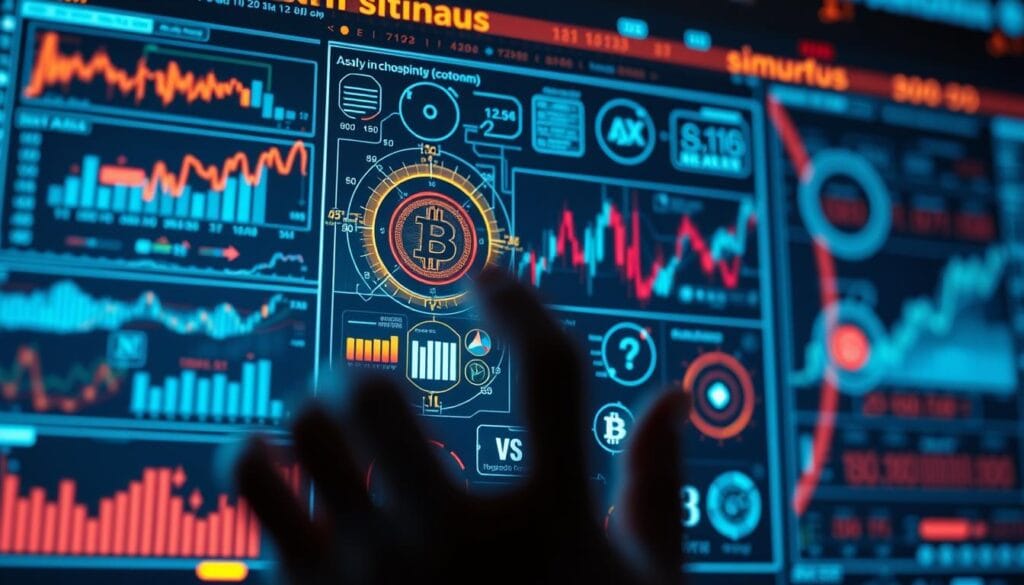 Generate an image of a sophisticated AI system analyzing multiple asset classes, including stocks, cryptocurrencies, and forex markets. Generate an image of a sophisticated AI system analyzing multiple asset classes, including stocks, cryptocurrencies, and forex markets.