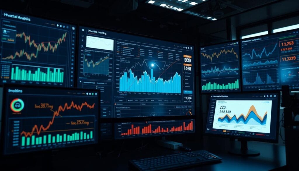 Generate an image of a sophisticated investment analysis dashboard with multiple screens displaying historical data and quantitative metrics. Generate an image of a sophisticated investment analysis dashboard with multiple screens displaying historical data and quantitative metrics.