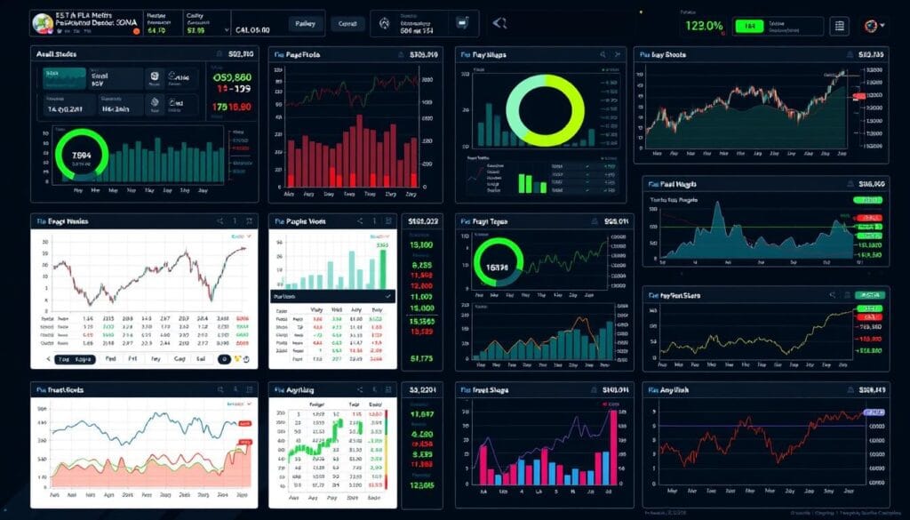 Generate an image of a sophisticated investment analysis dashboard with multiple screens displaying various stock metrics and stress testing scenarios. Generate an image of a sophisticated investment analysis dashboard with multiple screens displaying various stock metrics and stress testing scenarios.