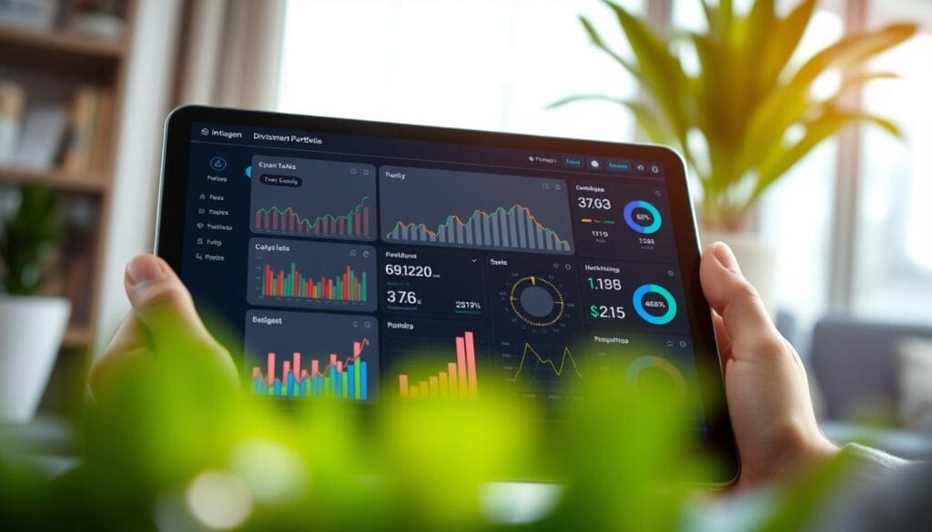 Generate an image of a sophisticated investment dashboard on a tablet, showcasing diversified portfolios and AI-driven insights. Generate an image of a sophisticated investment dashboard on a tablet, showcasing diversified portfolios and AI-driven insights.