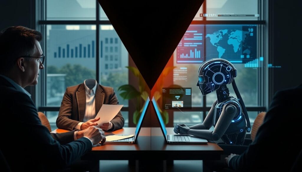 Generate an image of a split-screen comparison between a human financial advisor and an AI wealth advisor. Generate an image of a split-screen comparison between a human financial advisor and an AI wealth advisor.