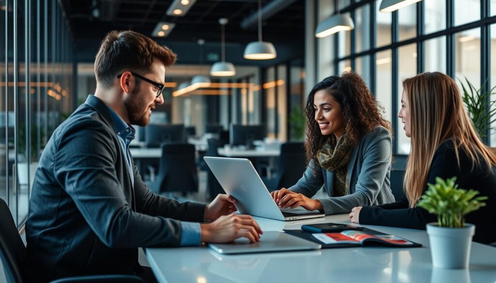 Generate an image of a tech company using Embroker's platform for business insurance.