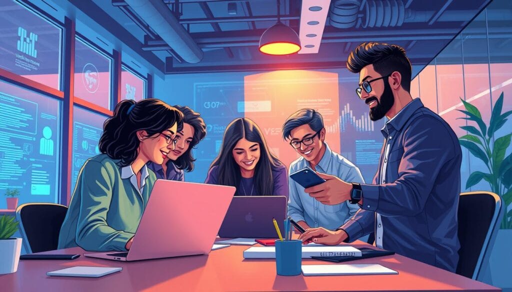 Generate an image of a tech startup using Vouch Insurance for coverage.