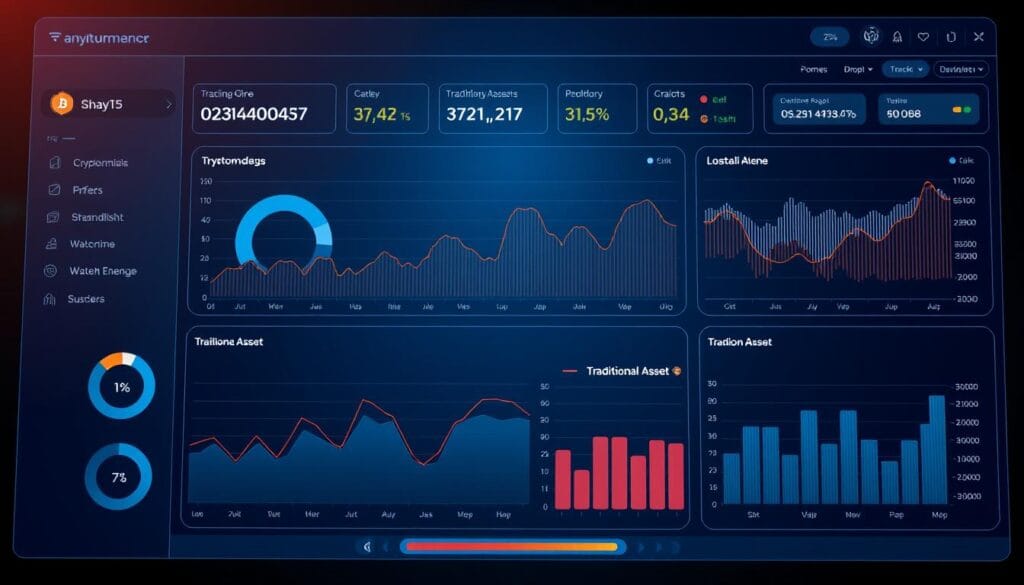 Generate an image of a unified dashboard displaying both cryptocurrency and traditional asset tracking. Generate an image of a unified dashboard displaying both cryptocurrency and traditional asset tracking.