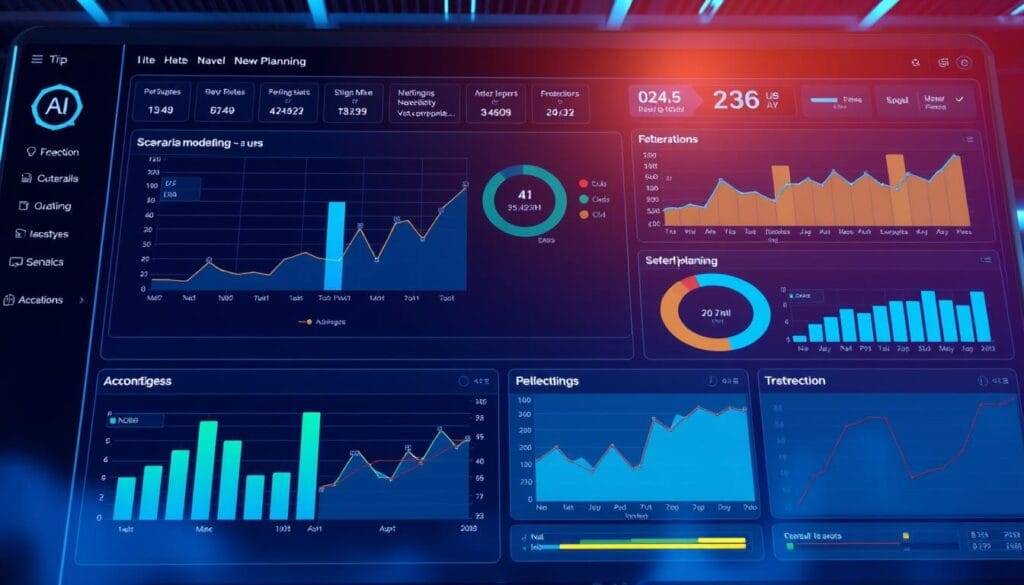 Generate an image of a visual business planning dashboard with scenario modeling and AI planning assistant. Generate an image of a visual business planning dashboard with scenario modeling and AI planning assistant.