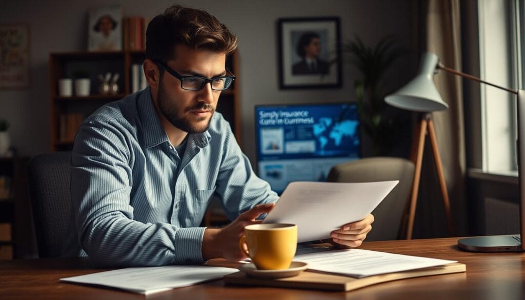 Generate an image of an entrepreneur comparing insurance quotes on Simply Business.