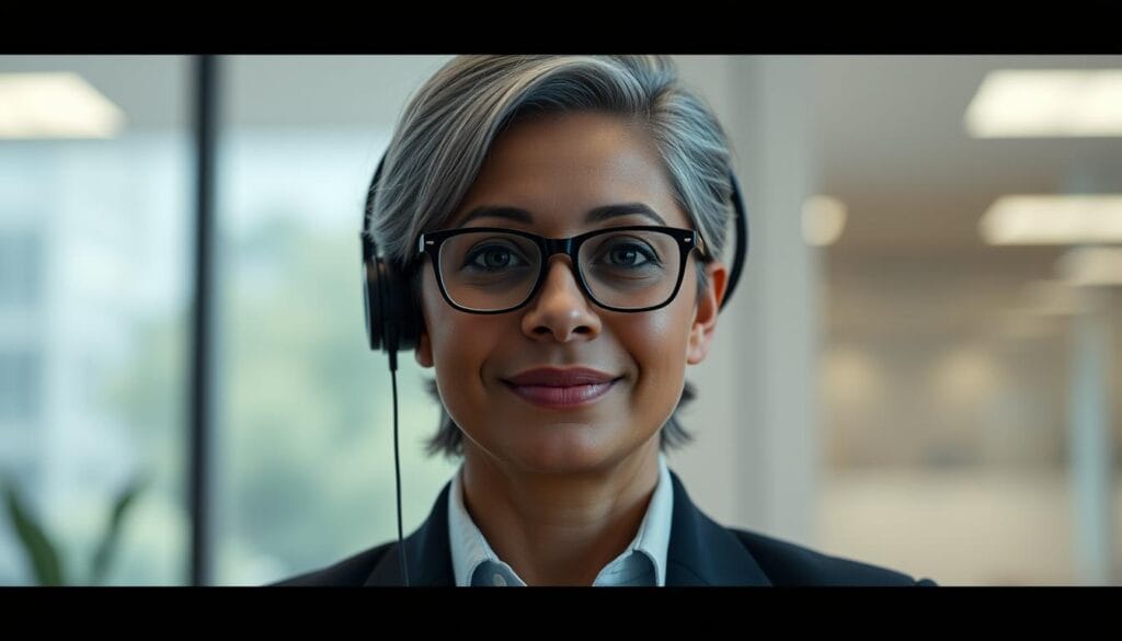 Generate an image of an insurance company representative using IBM watsonx Assistant to resolve customer queries.