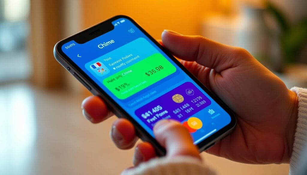 Generate an image of the Chime app interface on a mobile device, highlighting its savings features. Generate an image of the Chime app interface on a mobile device, highlighting its savings features.