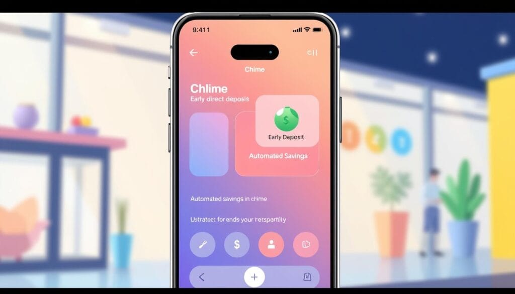 Generate an image of the Chime mobile app interface showing its key features like early direct deposit and automated savings.