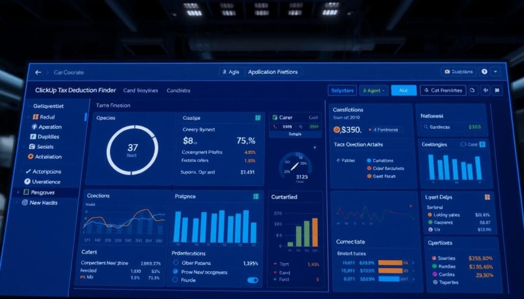 Generate an image of the ClickUp Tax Deduction Finder AI Agent interface showing business operation analysis.
