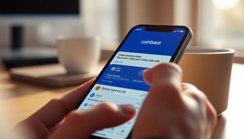 Generate an image of the Coinbase app interface on a mobile device, highlighting its user-friendly design and security features.
