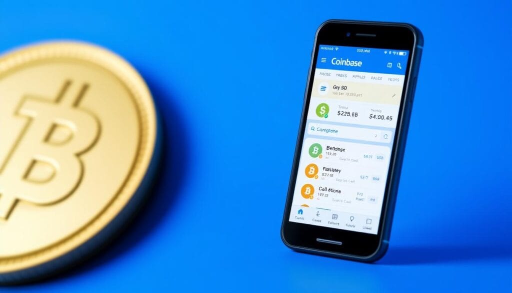 Generate an image of the Coinbase app interface on a mobile device, highlighting its user-friendly design and various cryptocurrency options. Generate an image of the Coinbase app interface on a mobile device, highlighting its user-friendly design and various cryptocurrency options.