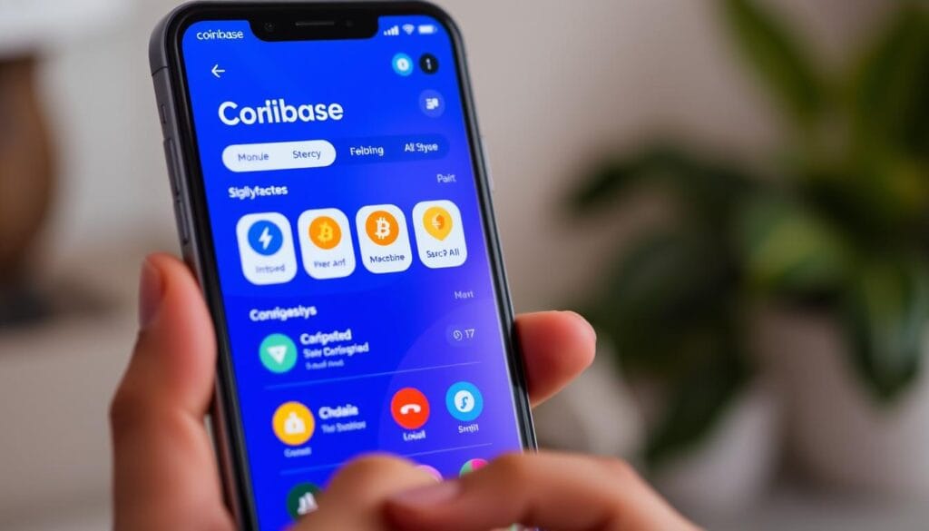 Generate an image of the Coinbase app interface on a mobile device, highlighting its user-friendly design and various cryptocurrency options.