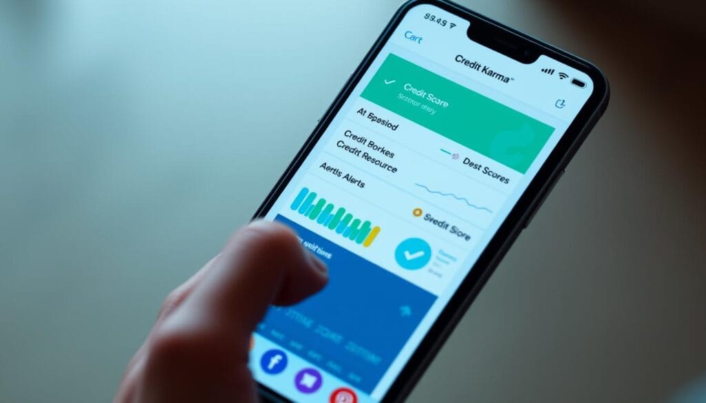 Generate an image of the Credit Karma app interface on a mobile device, highlighting its credit score monitoring features. Generate an image of the Credit Karma app interface on a mobile device, highlighting its credit score monitoring features.