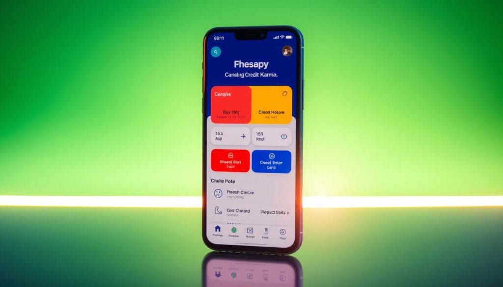 Generate an image of the Credit Karma app interface on a mobile device, showcasing its various features and tools.