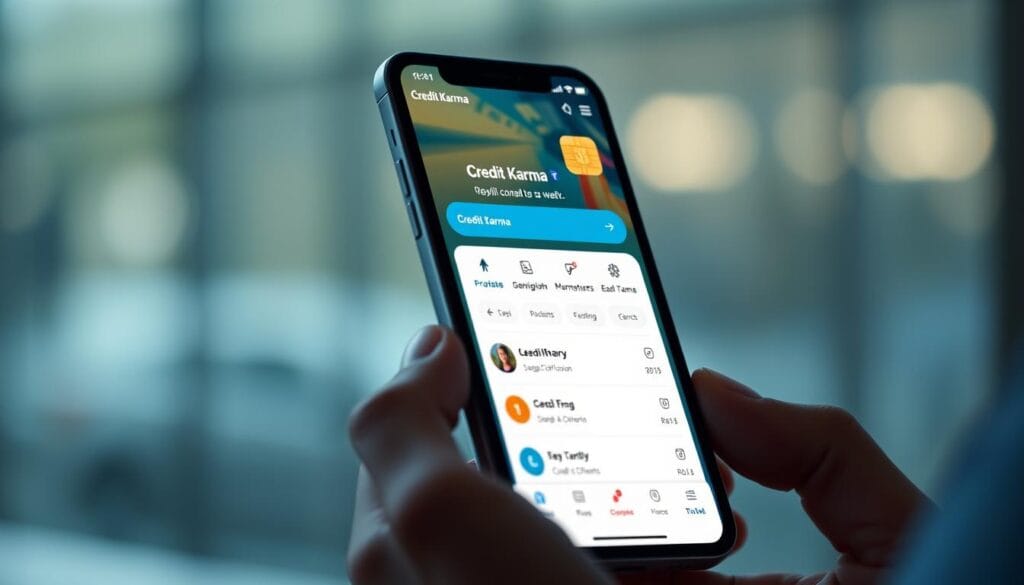 Generate an image of the Credit Karma app interface on a mobile screen. Generate an image of the Credit Karma app interface on a mobile screen.