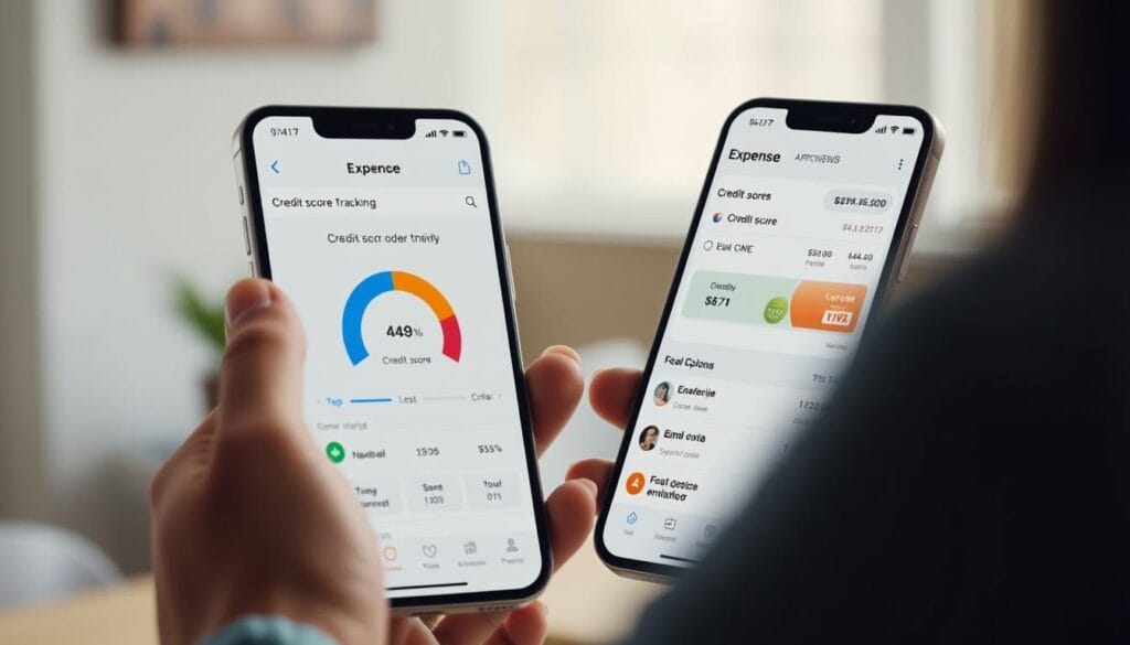 Generate an image of the Credit Karma app interface showing credit score tracking and expense categorization.