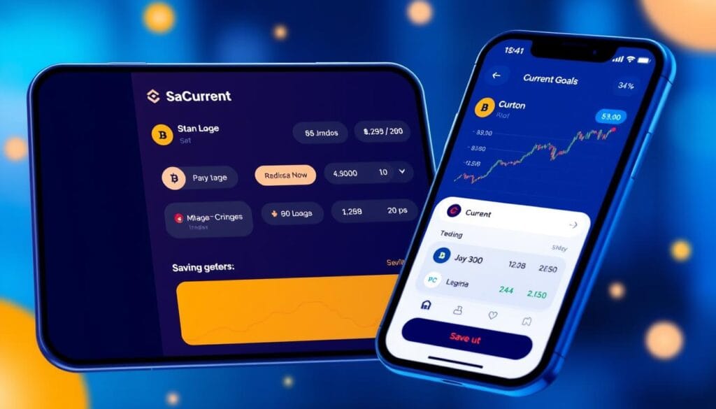 Generate an image of the Current app showing savings goals and cryptocurrency trading features.
