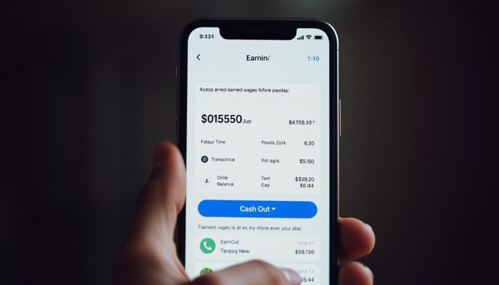 Generate an image of the Earnin app interface on a mobile device, showing the process of accessing earned wages before payday.