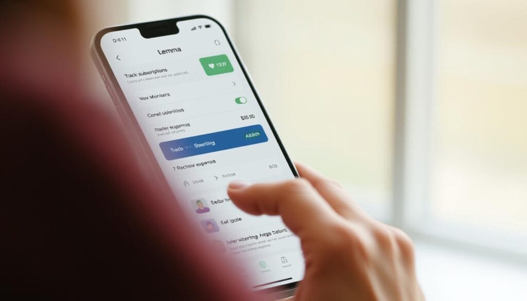 Generate an image of the Emma app interface showing subscription tracking and recurring expense identification.