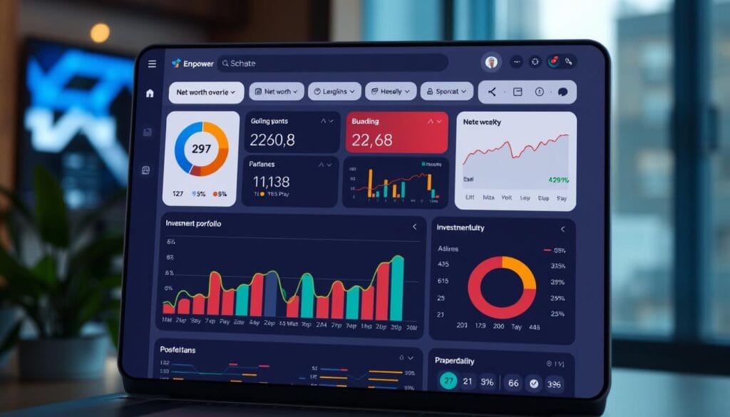 Generate an image of the Empower Personal Dashboard app's interface, showing a user's net worth and investment portfolio.