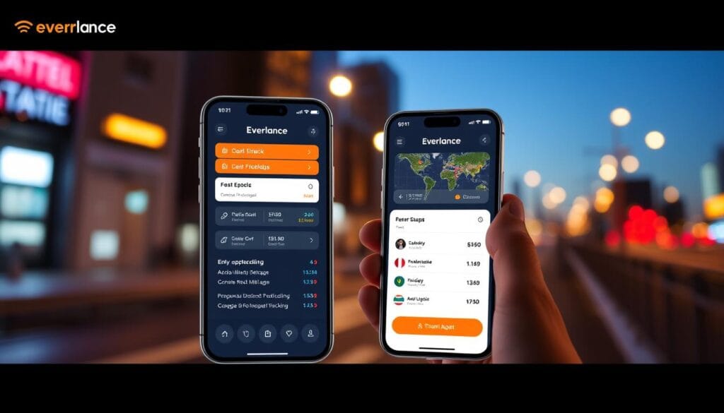 Generate an image of the Everlance app interface showing expense and mileage tracking features.