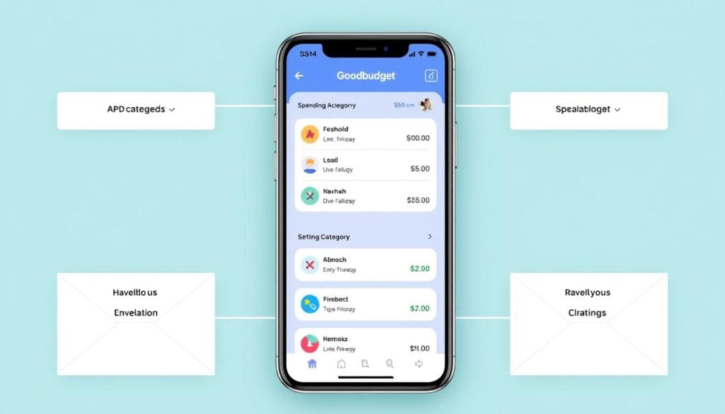 Generate an image of the Goodbudget app interface, showing envelope allocation for different spending categories and investment contributions.