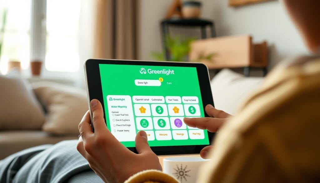 Generate an image of the Greenlight app interface on a family tablet, showing a child saving money and a parent monitoring the activity. Generate an image of the Greenlight app interface on a family tablet, showing a child saving money and a parent monitoring the activity.