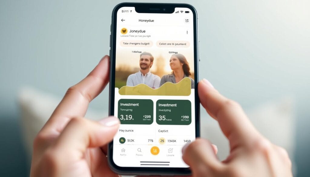 Generate an image of the Honeydue app interface on a mobile device, showing a couple's joint budget and investment tracking.