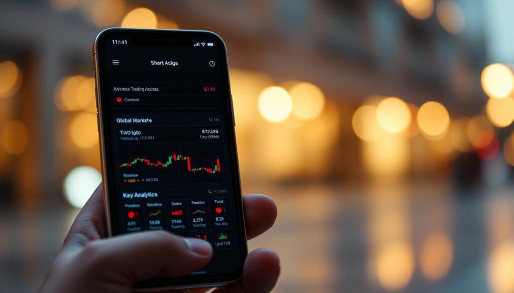 Generate an image of the Interactive Brokers app interface on a mobile device, showcasing its advanced trading features and global market access.
